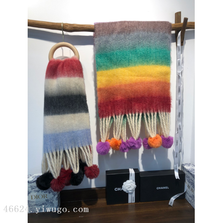 New in-stock cross-border scarves, hairball horizontal stripes, e-commerce live streaming supply chain Specification image