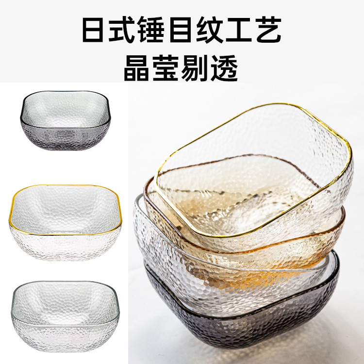 Japanese-style golden-edge hammer-patterned glass bowls, fruit plates, vegetable salad plates, Nordic-style home creative and popular dessert bowls Application Scenario