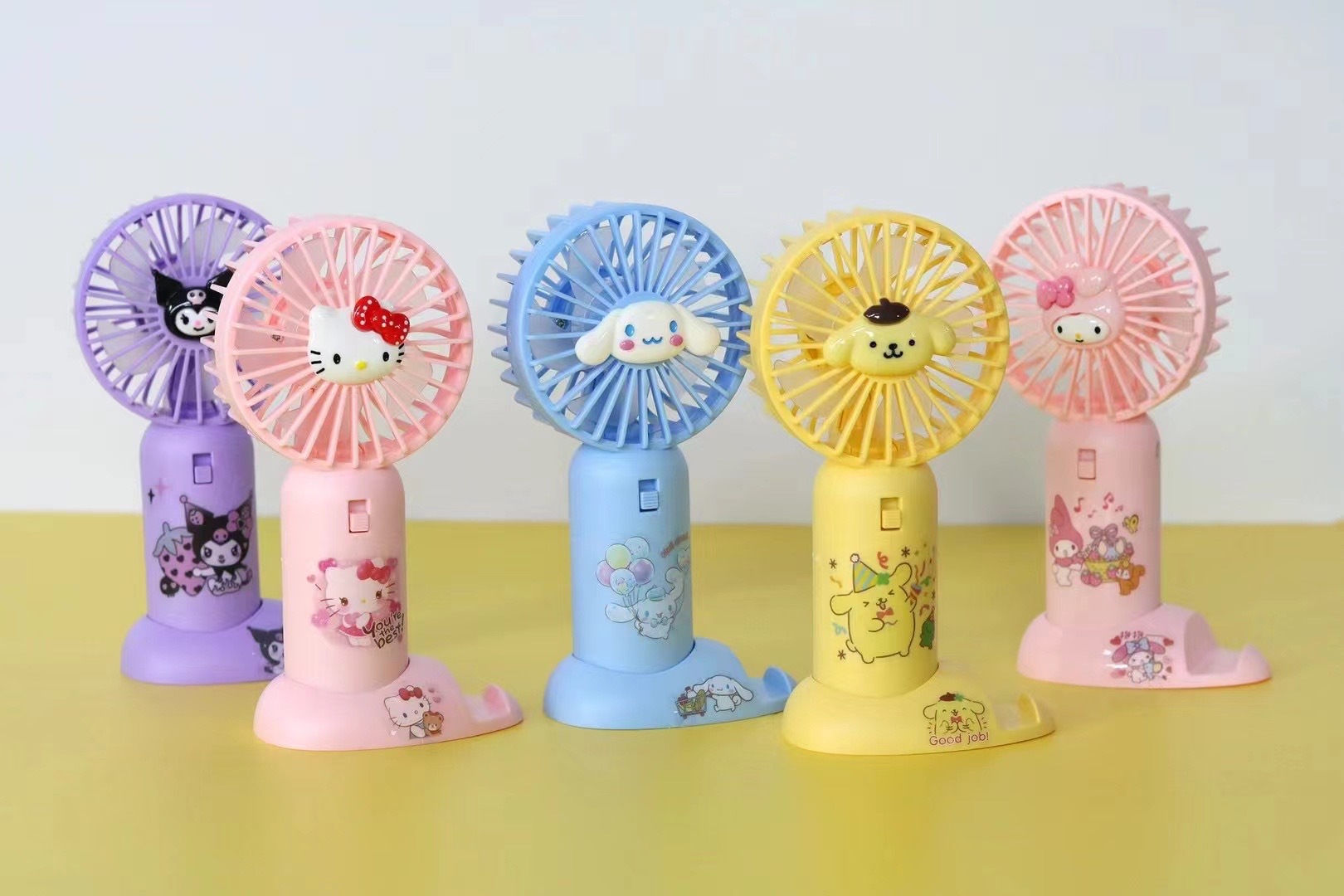 Sanrio outdoor portable fan, Kuromi Melody Cinnamon Dog with Sticker diy fan, USB desktop charging fan Item Picture