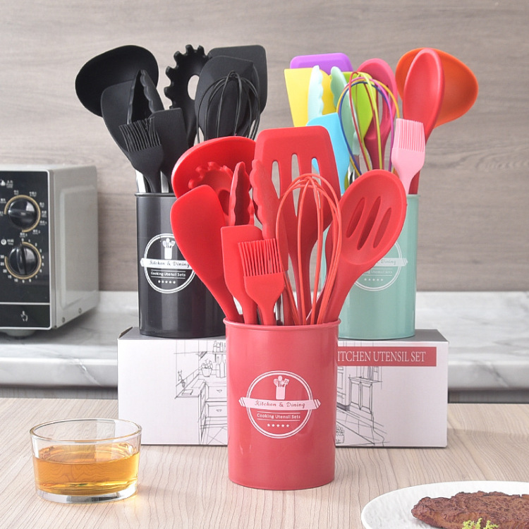 硅胶厨具11件套不粘锅铲汤勺漏勺刮刀厨房工具带桶多功能烹饪套装白底实物图