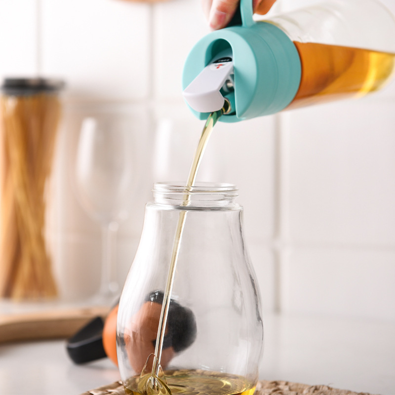 Automatic opening and closing glass oil pot with handle, funnel without wall sticking, seasoning bottle, kitchen organizing supplies details Picture