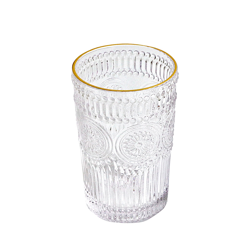 Wholesale of vintage embossed gold edge glass cups, round sunflower water cups, cold drink cups, milk tea shop juice cups