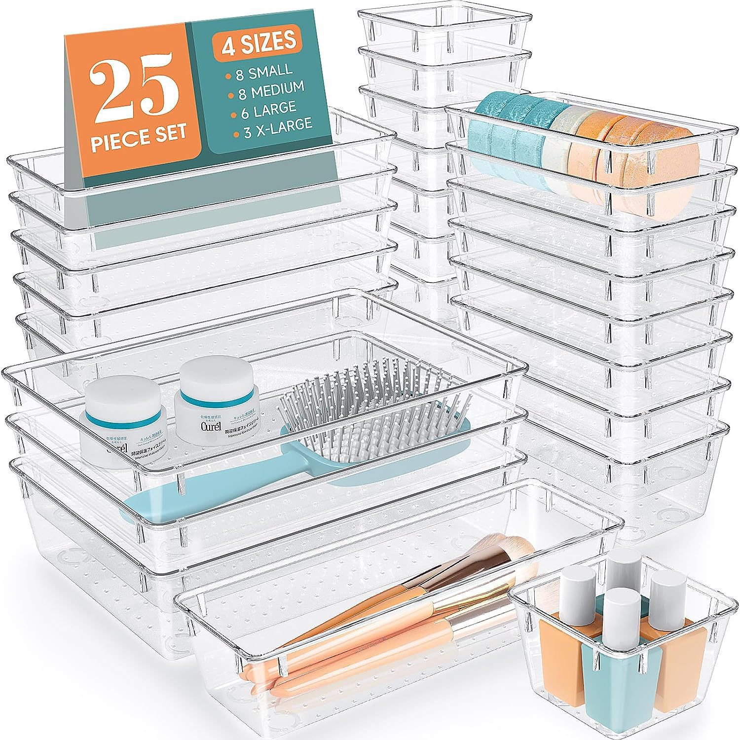 Cross-border drawer 25-piece transparent plastic desktop storage box, household cosmetics and sundries multi-functional set storage box Item Picture