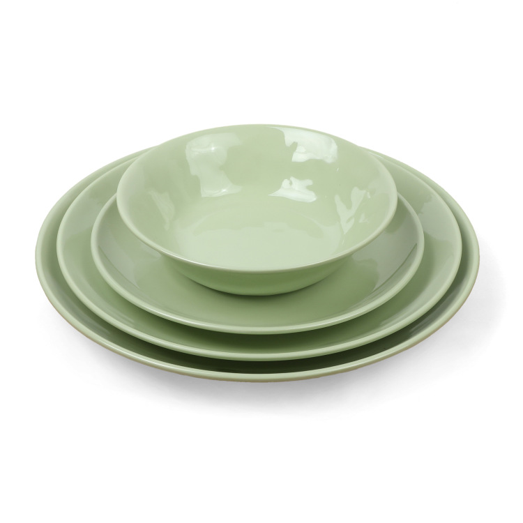 Green round melamine imitation porcelain flat plates, restaurant plates, commercial hotel deep plates, round plates, stir-frying plates wholesale Item Picture