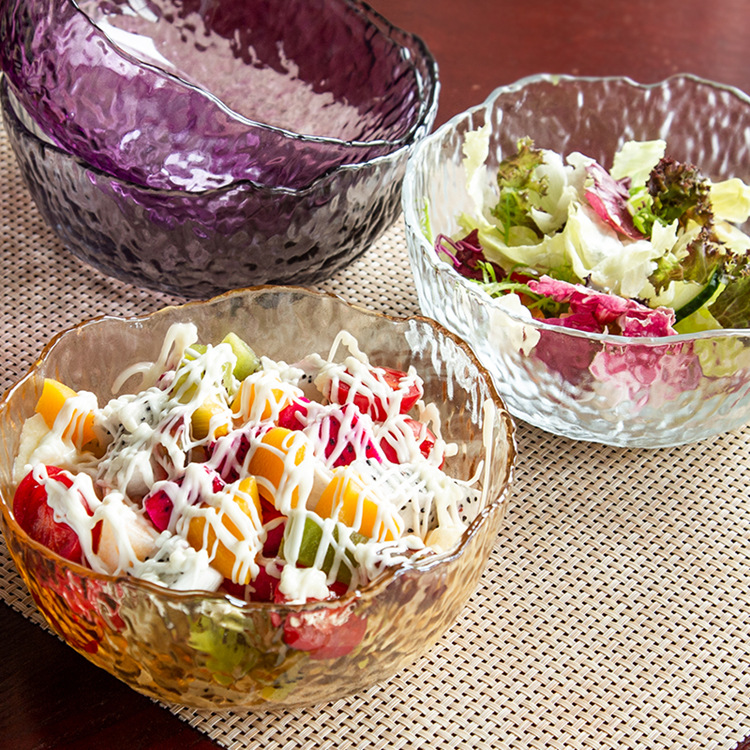 Japanese-style gold-edge glass bowls, salad bowls, vegetable and fruit plates, home creative internet-famous hammer-patterned tableware, dessert bowls details Picture