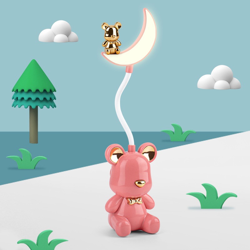 New cute bear Moon LED charging desk lamp, mini electroplated bear USB charging night light with pencil sharpener Item Picture