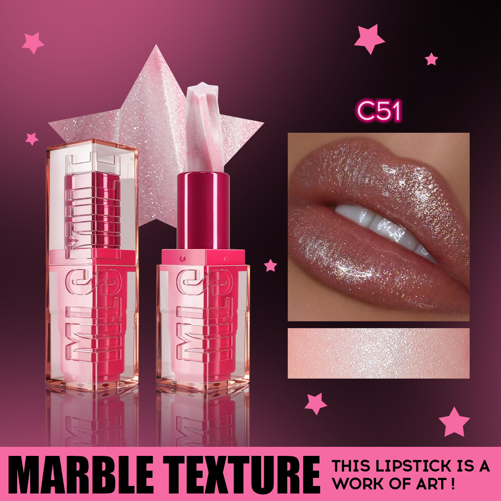 Four-color glittering five-pointed star spiral waterproof glitter cream luxurious lipstick, fashionable moisturizing and easy to apply lip gloss Specification image