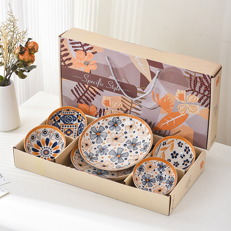 Bamboo weaving bowl and plate sets, Japanese ceramic bowl and plate sets, home rice bowls, opening small gifts, tableware gift sets Item Picture