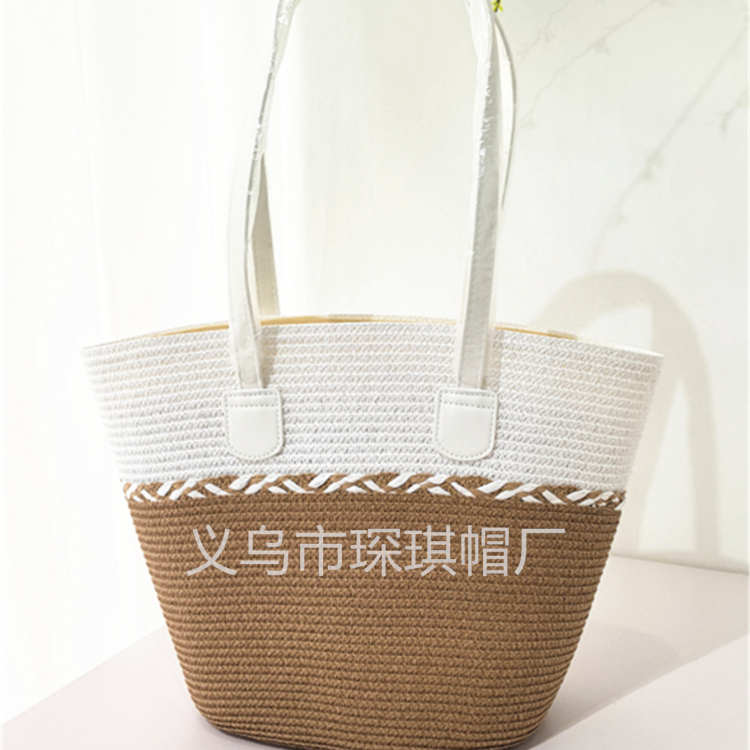 A new cross-border bestseller, a two-piece set of women's summer straw woven bag, beach bag and beach hat, striped wide-brimmed straw hat, single-shoulder tote bag, urban style, casual vacation, foldable women's bag, straw woven artistic beach photo shoot Item Picture