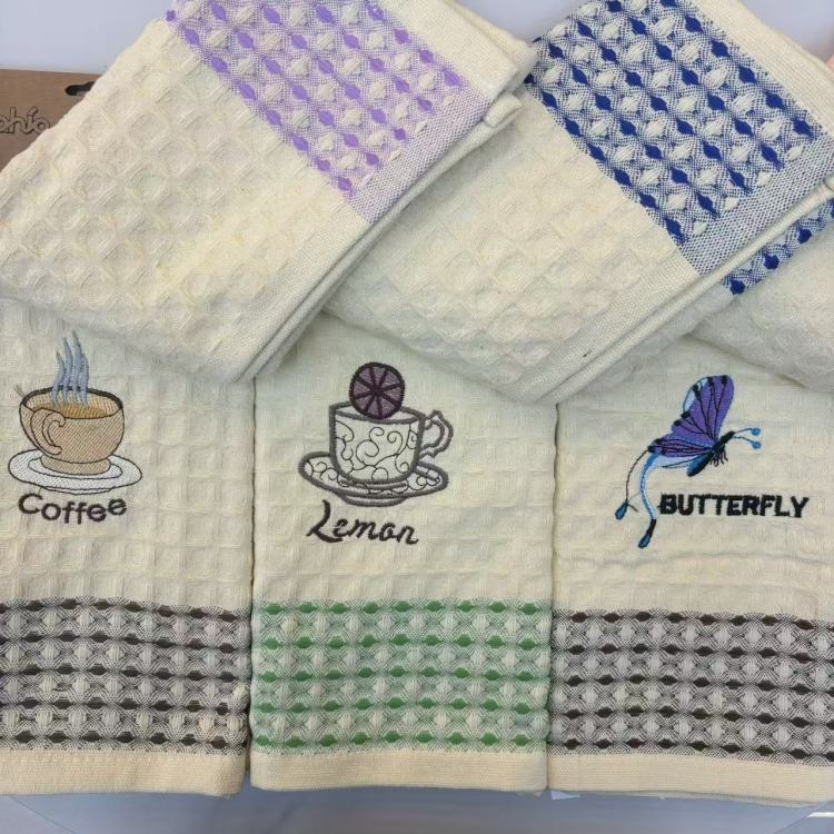 棉质茶巾 大绣花华夫格茶巾 茶垫 跨境外贸厨房抹布