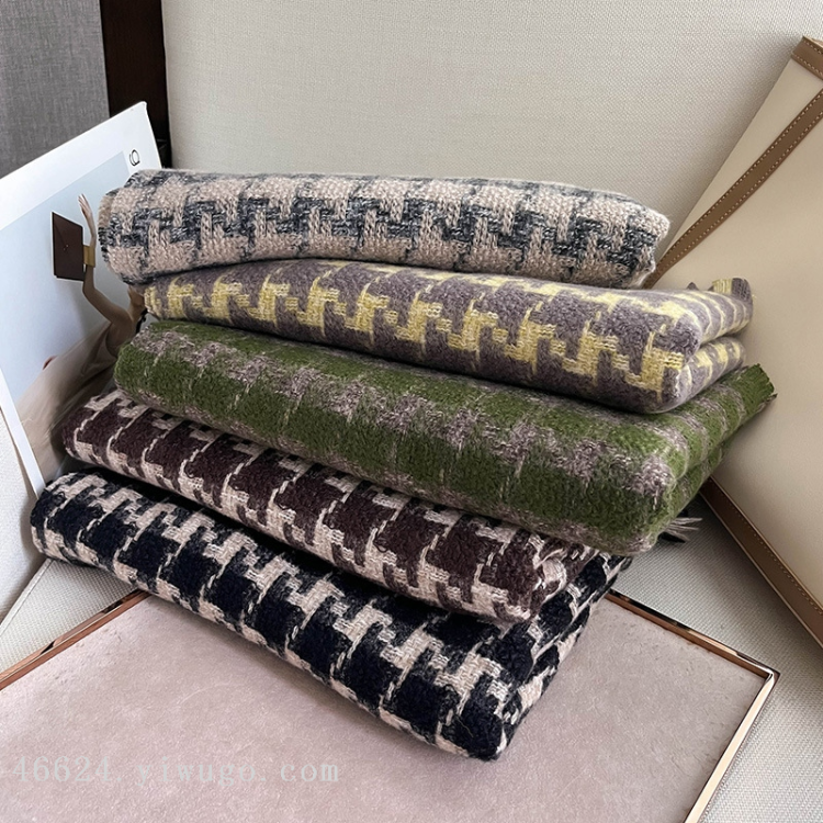 2024冬季新款千鸟格羊绒围巾女百搭长款保暖情侣复古披肩围脖男潮