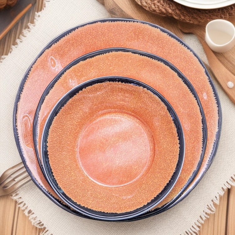 High-end vitality Orange ice Crack glazed plate and bowl set, creative imitation porcelain melamine tableware, hotel and restaurant plates and bowls Item Picture