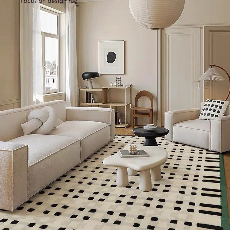2024 New French faux cashmere living room carpet, vintage checkered, high-end and simple Nordic-style bedroom bedside carpet details Picture