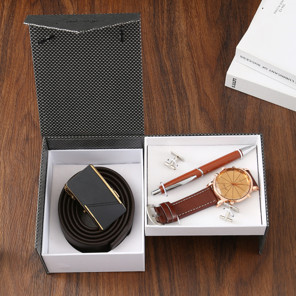 Cross-border men's business gift set, practical pu belt wallet watch set, Father's Day gift Four-piece set