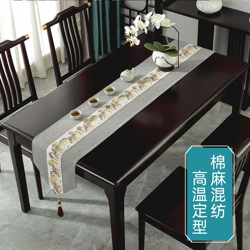 New Chinese-style waterproof table flag, tea ceremony Zen, Chinese-style tea setting, tea table, fabric long tablecloth, cotton and linen tea room tablecloth details Picture