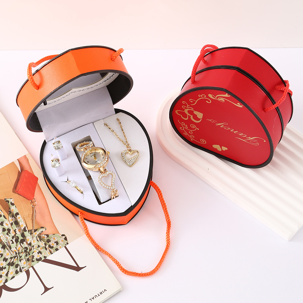 Cross-border Qixi Festival Ladies' gift set: Watch, necklace, stud ring, heart-shaped gift box, Teachers' Day gift set details Picture