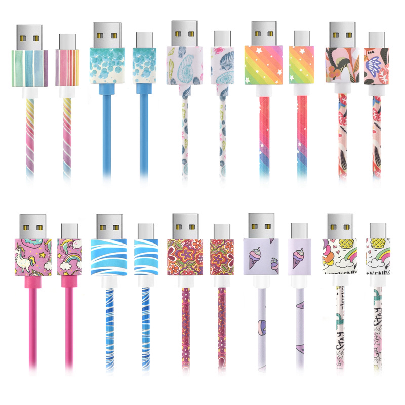 Compatible with Android, Apple type-c, Huawei water transfer, heat transfer and color pattern mobile phone data cable Item Picture