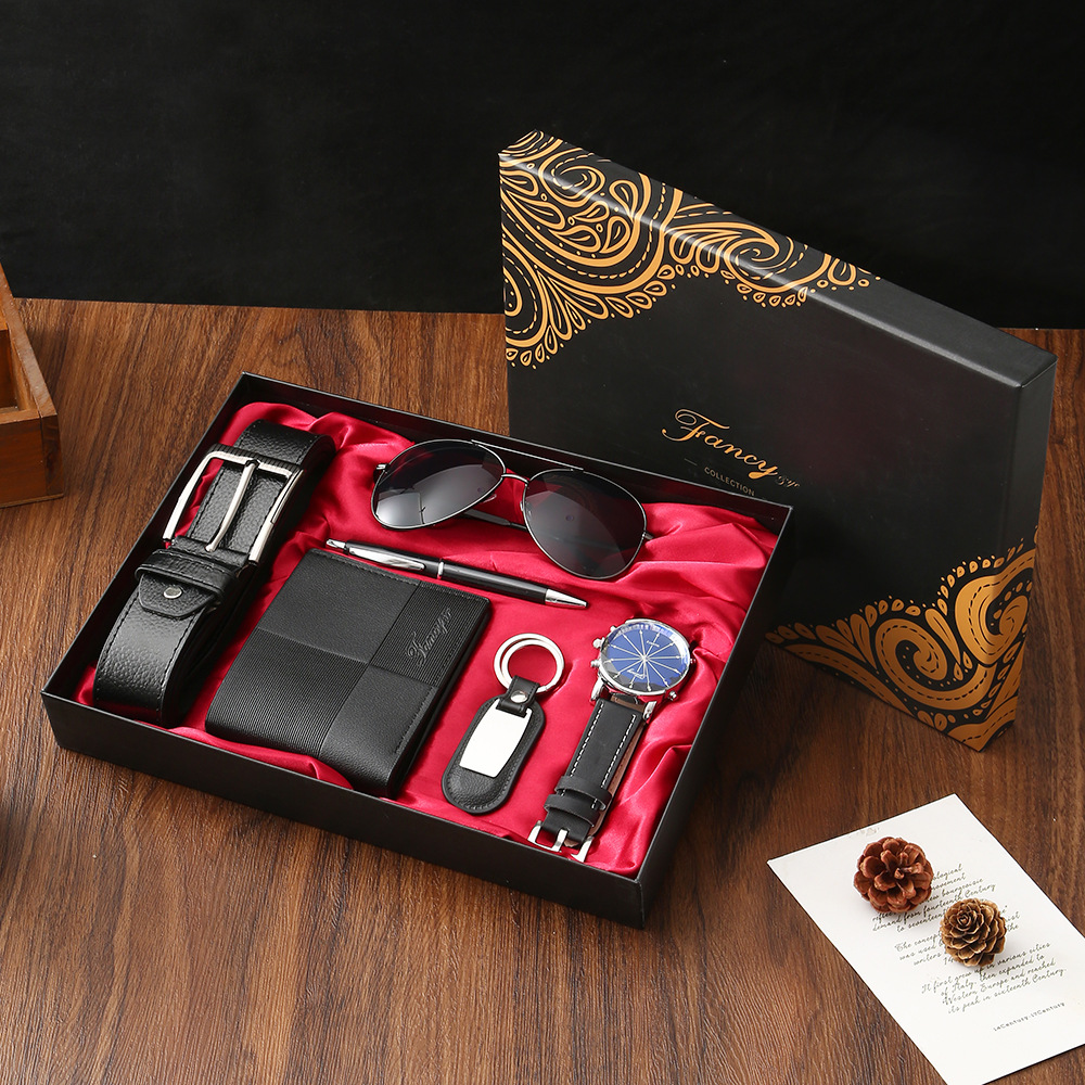 Cross border premium business gift set cinturón de cuero cartera llavero cuarzo traje de reloj de hombre reunión anual acompañante regalo de mano details Picture