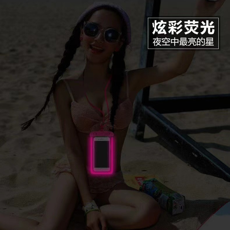 2025 New fluorescent sealed waterproof phone bag, transparent luminous chain swimming phone bag, touch screen beach