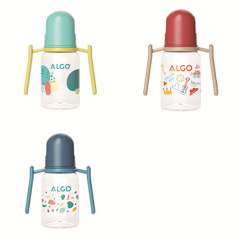 ALGO 新款pp奶瓶彩绘标口直身带手柄120/240ml新生儿奶瓶母婴用品白底实物图