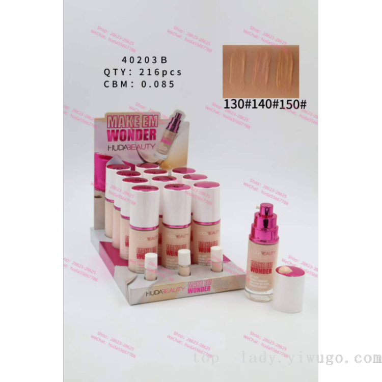 HUDA BEAUTY Foundation is available in 3 colors. It is a concealer, long-lasting and oil-control foundation for export