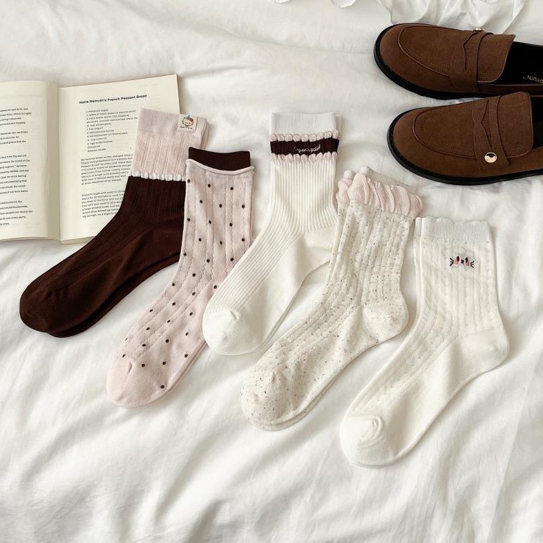 双罗口卷边布标袜子女学院风百搭网眼堆堆袜ins韩系简约镂空撞色