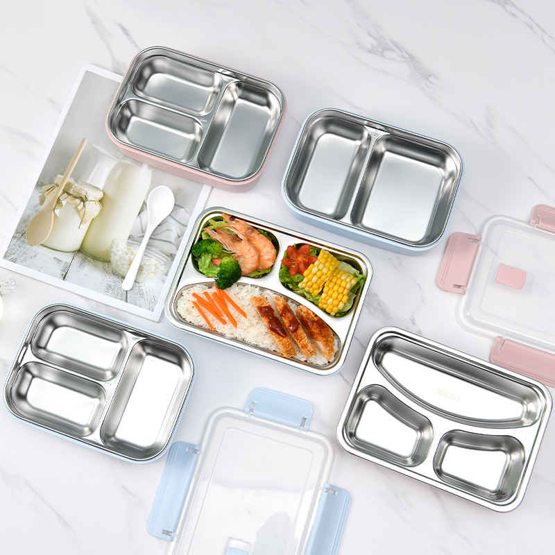 厂家定制午餐便当盒304不锈钢 长方形圆形食堂便当餐盒带分格饭盒