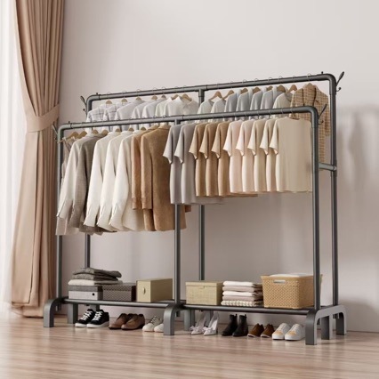 Double-row clothes drying rack, indoor balcony quilt rack, double-bar clothes hook, thickened model, floor-standing Item Picture