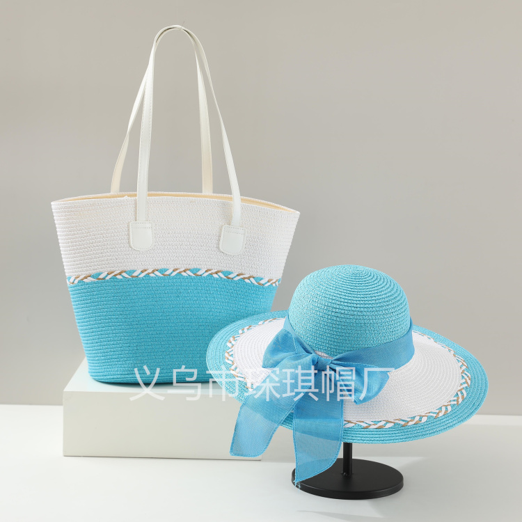 A new cross-border bestseller, a two-piece set of women's summer straw woven bag, beach bag and beach hat, striped wide-brimmed straw hat, single-shoulder tote bag, urban style, casual vacation, foldable women's bag, straw woven artistic beach photo shoot Specification image