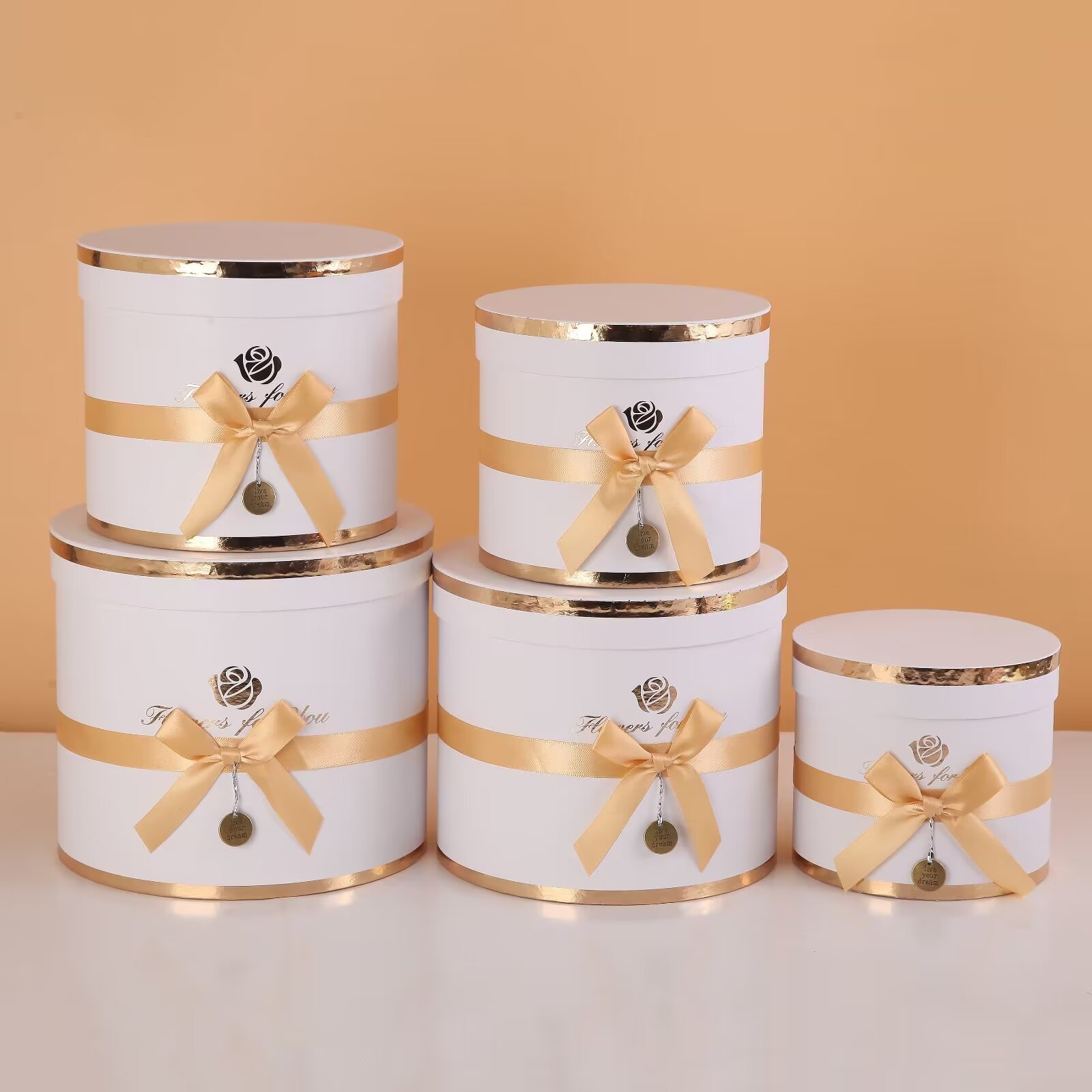 Round everlasting flower hug bucket gift box, bow with gold embossed birthday cake box, five-piece set packaging box and storage box Item Picture