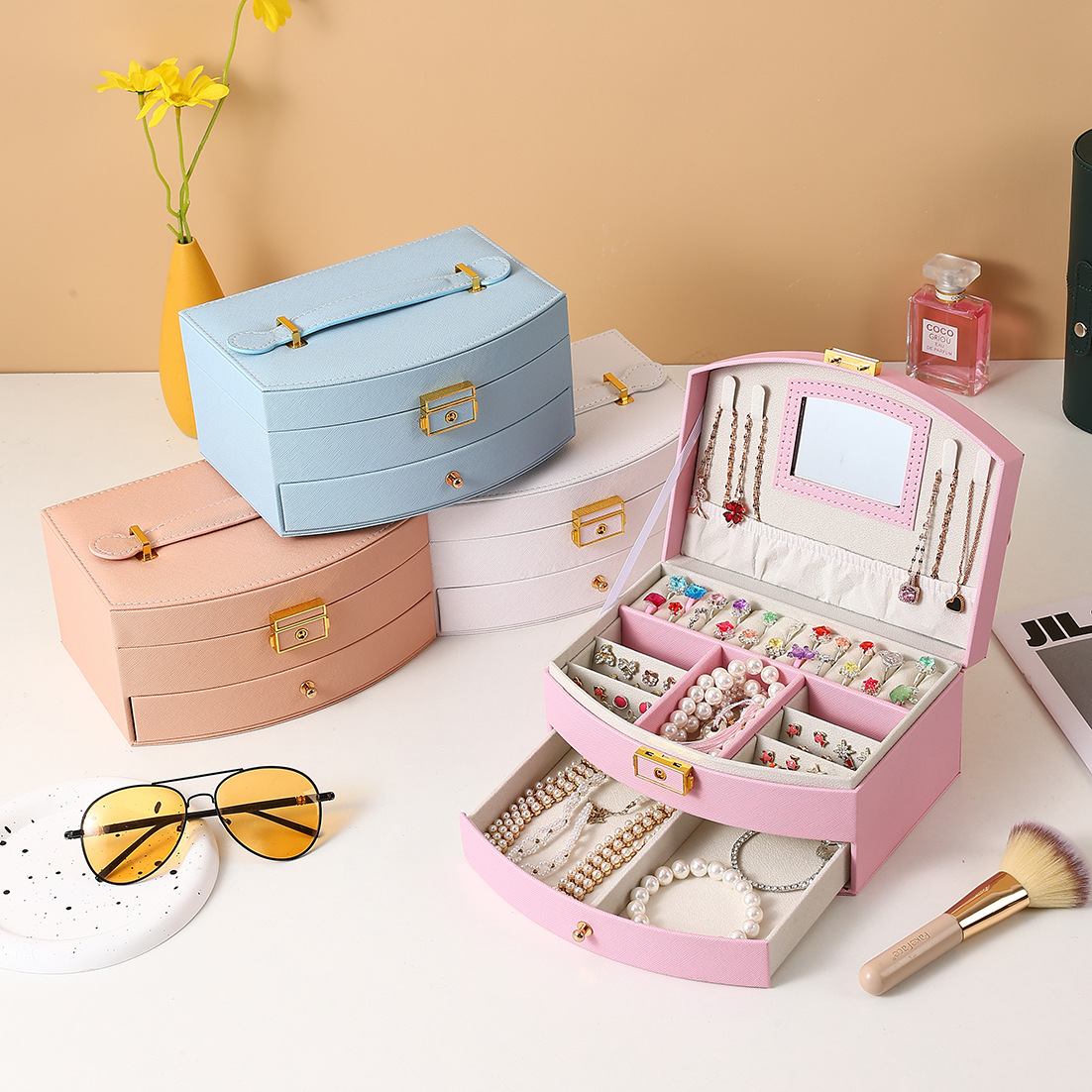 新款手链多功能首饰收纳盒抽屉式珠宝首饰盒戒指耳饰饰品收纳礼盒