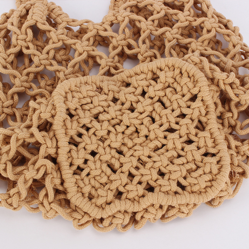 New summer beach handbag, hollowed-out grid solid color simple single-shoulder bag, cotton thread crochet fishing net bag, woven bag details Picture
