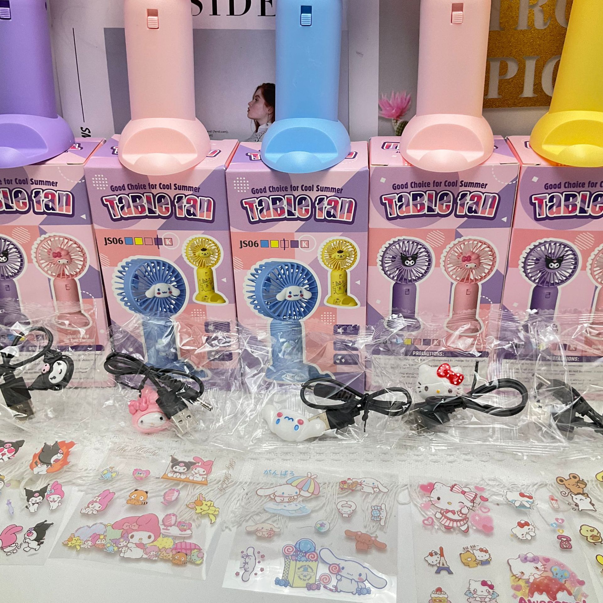 Sanrio outdoor portable fan, Kuromi Melody Cinnamon Dog with Sticker diy fan, USB desktop charging fan details Picture