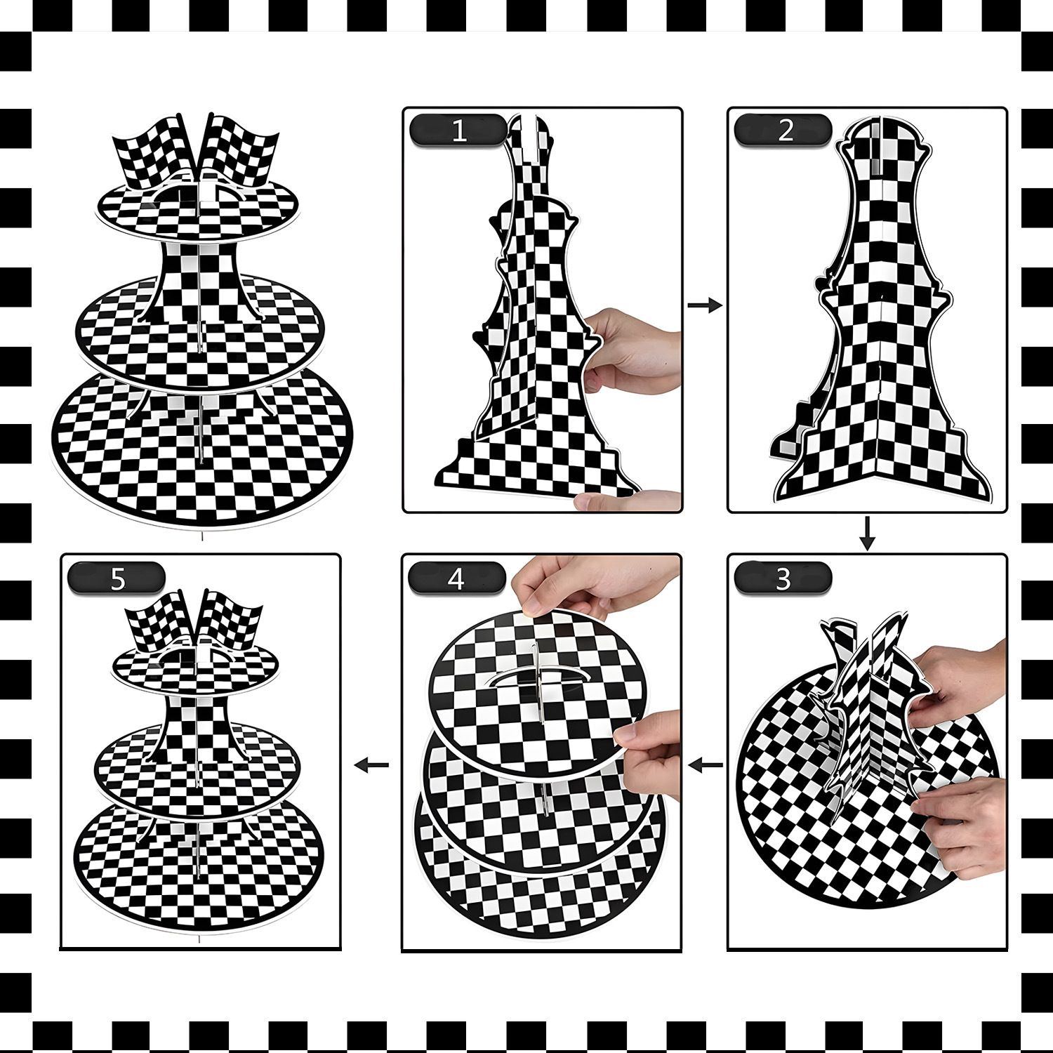 新款跨境黑白格子赛车主题三层纸质蛋糕架蛋糕点心甜点摆件台派