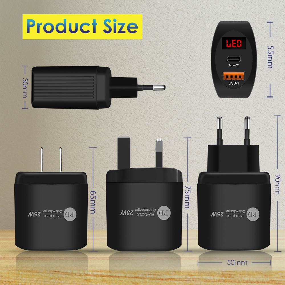 数字显示充头PD+USB手机充电器 欧美英规PD25W+QC3.0手机快充厂家直销