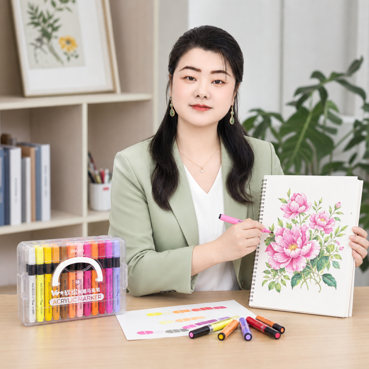 得力层叠盒装三角杆软毛手绘24色丙烯马克笔图