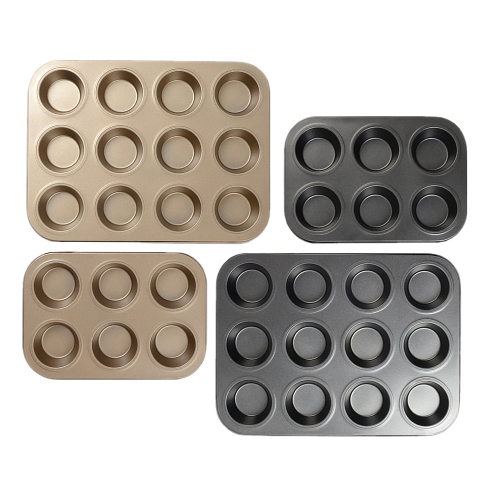 Non-stick 6 12-hole cake mold, round flat-bottom muffin cup, baking tray, home oven baking mold, metal products Item Picture