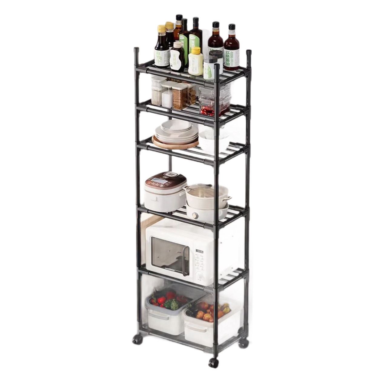 Kitchen storage rack, floor-standing multi-layer multi-functional household mobile storage rack, storage rack, microwave pot rack Application Scenario