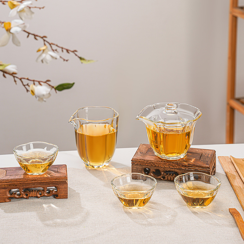 YLW Cherry Blossom Tea Set 8-piece Glass Tea Set, High-end Home Gift Box, Kung Fu Tea Cup Gift Box
