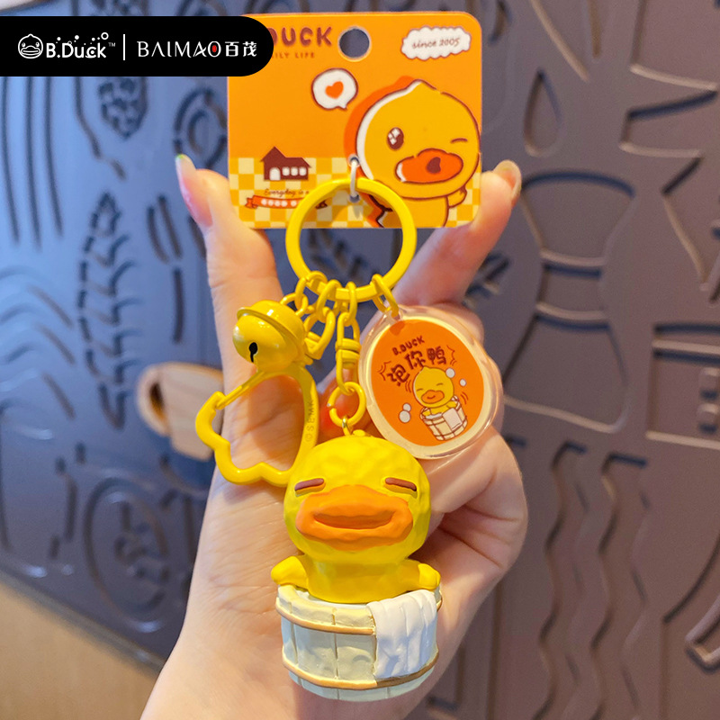 Authentic wood-carved B.Duck yellow duck keychain, creative and exquisite resin duck figurine key chain pendant Item Picture