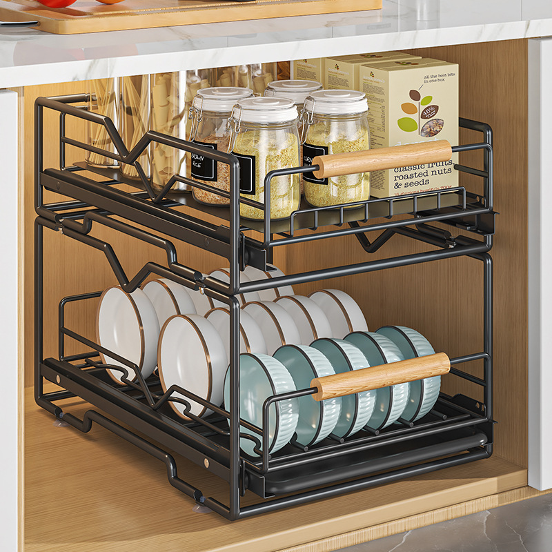 Kitchen dish pull-out storage rack, dish cabinet pull-out basket, drawer-type dish placement, sink draining, dish storage rack Specification image