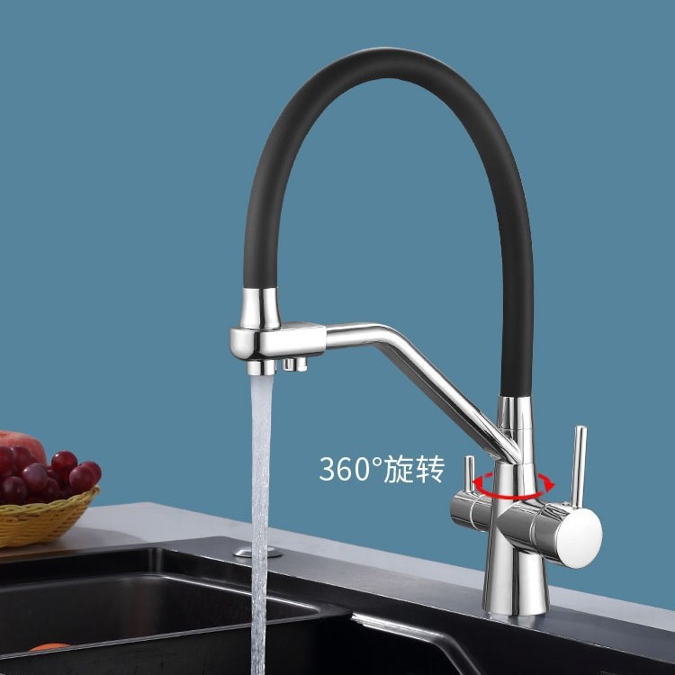 外贸跨境三合一厨房龙头全铜可旋转抽拉式水槽冷热净水直饮单孔