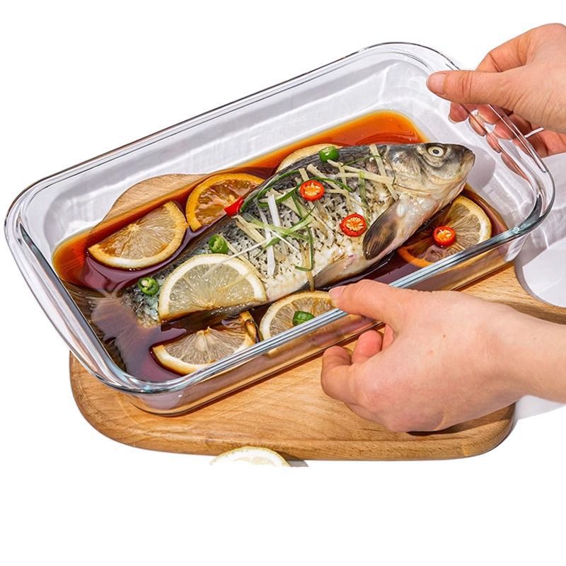 高硼硅玻璃隔断烤盘长方形带隔断高硼硅耐热微波炉烤箱两分隔烤盘白底实物图