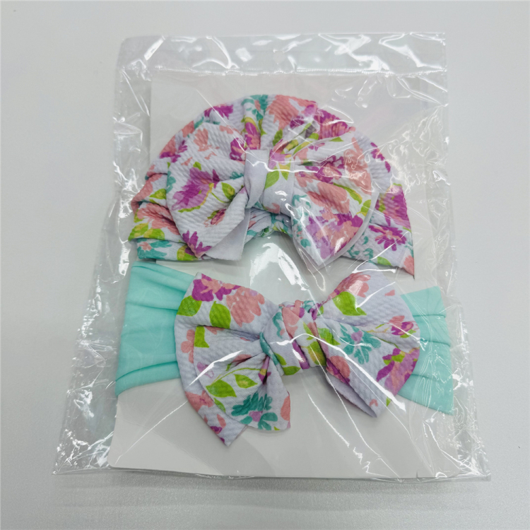 新款印花宝宝帽子发带套装可爱蝴蝶结发带儿童组合外贸婴儿二件套