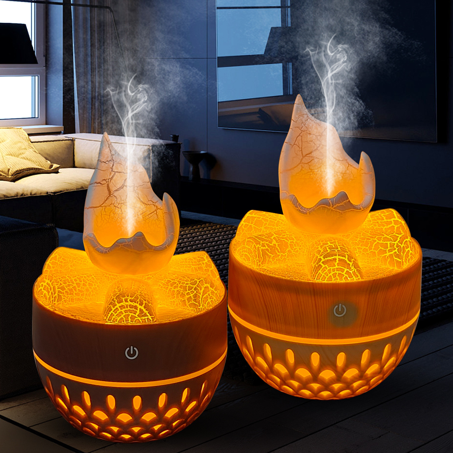 USB暖光篝火木纹加湿器香薰机桌面办公卧室静音空气香薰加湿器