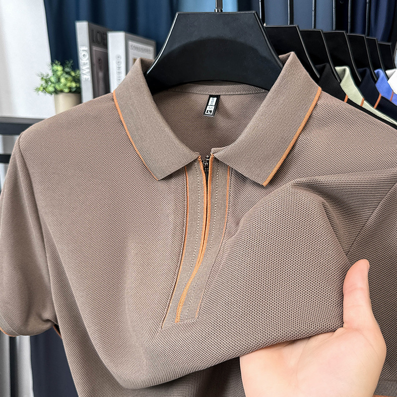 Men's half-zipper short-sleeved T-shirt 2025 Summer New men's business casual simple Breathable cool T-shirt for young people details Picture