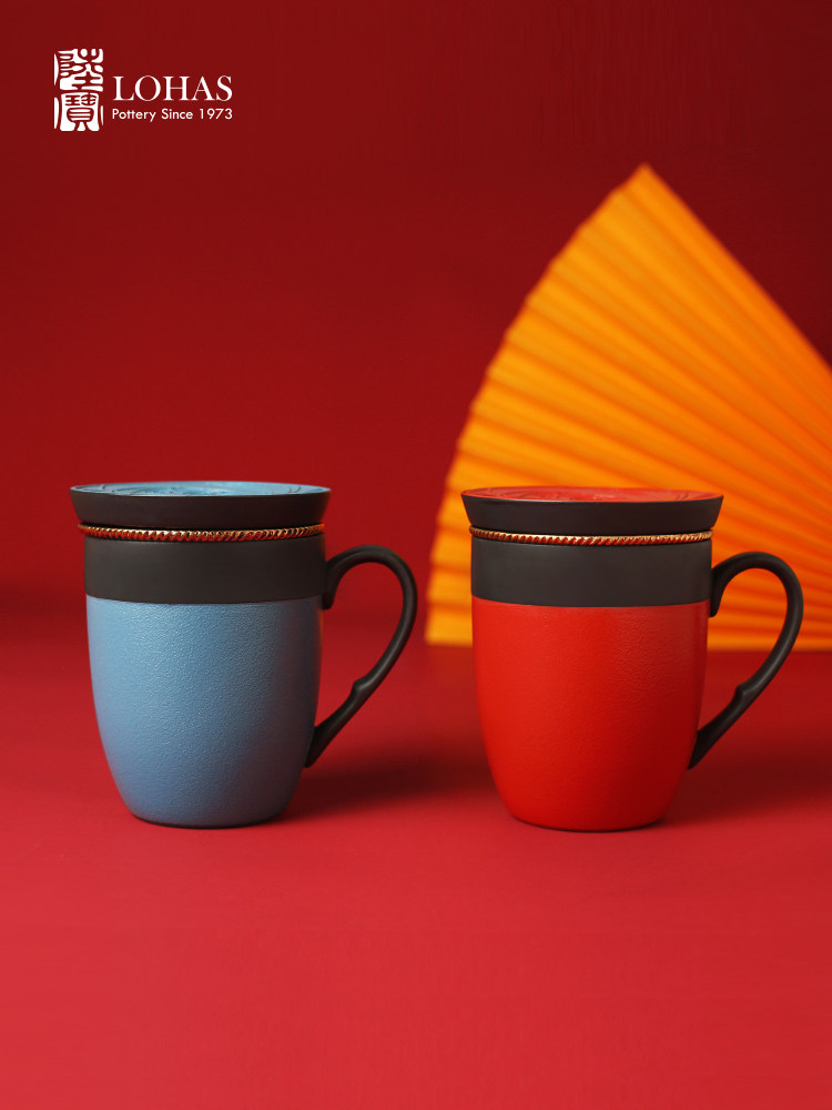 陆宝陶瓷泡茶饮水杯带茶滤茶水分离喝茶杯金喜环盖杯茶具礼盒装