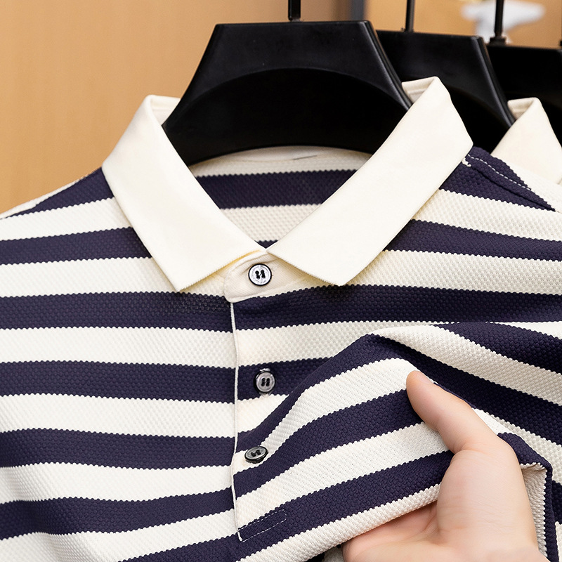 2026夏季新款条纹纯棉男士T恤时尚都市宽松polo衫短袖宽松型圆领