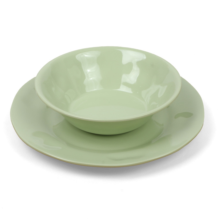 Green plates, melamine tableware, round plates, flat plates, melamine bowls and plates, commercial fast food plates, round Western plates, wholesale of round dishes Item Picture