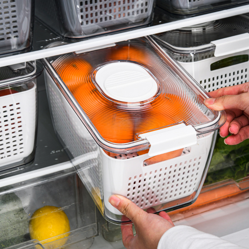 Customized refrigerator storage box, draining basket, PET kitchen fruit and vegetable sealed, food-grade fresh-keeping washing basket by the manufacturer Specification image